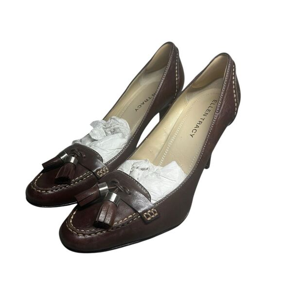 Ellen Tracy Womens Brown Leather Tassel Contrast Stitch Almond Toe Heels Size 8 - Picture 1 of 11